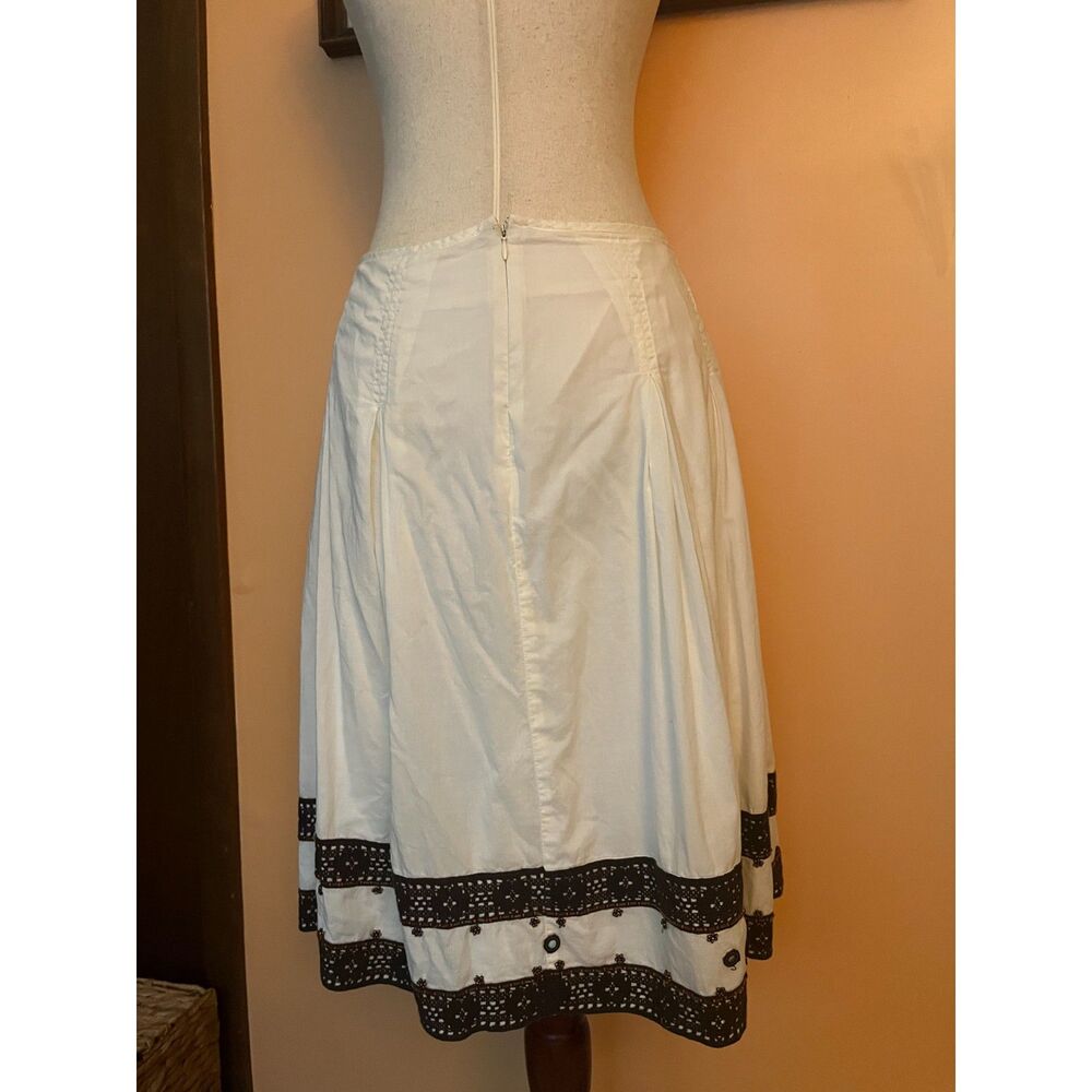 Y2K White Cotton Midi Skirt Beaded Floral Brown Lace Trim - Picture 2 of 4